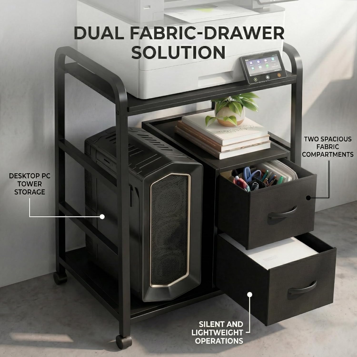 Printer Stand Featuring Fabric Drawers, Under Desk Host Computer Cabinet and Shredder Shelf, Heavy Duty Printer Stand with Storage Workstation Organization Printer Table for Home Office - Image 9