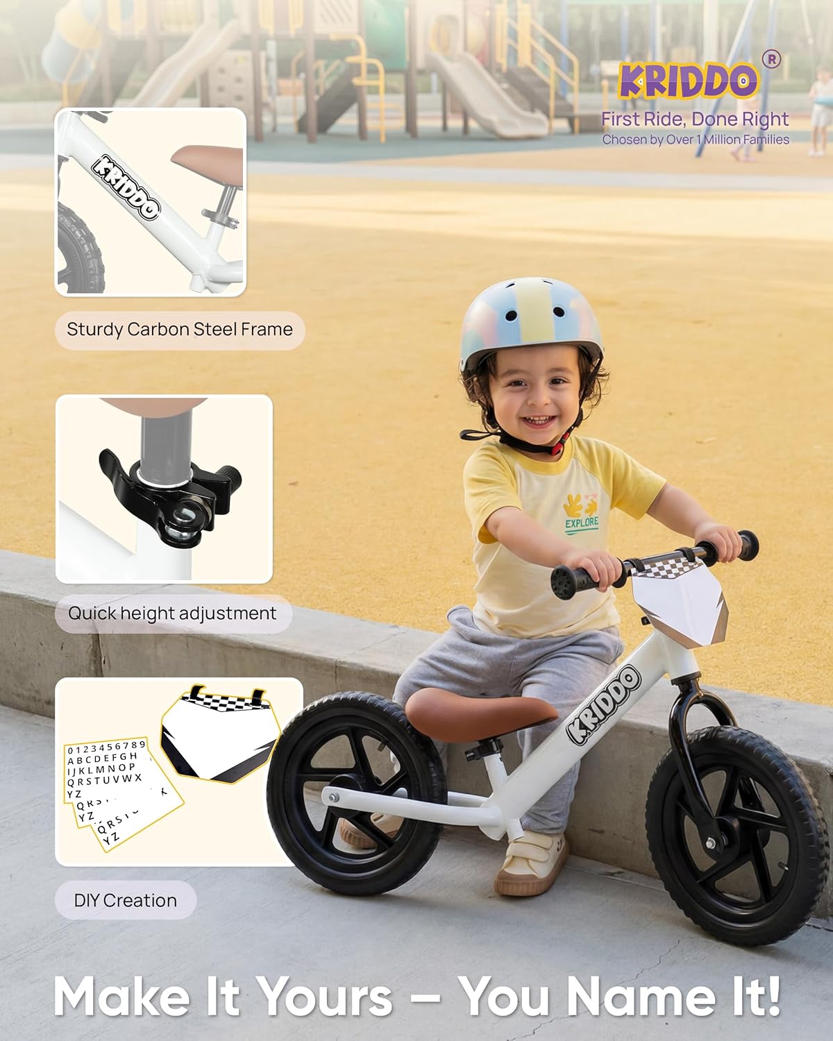 KRIDDO Toddler Balance Bike 2 Year Old, Age 24 Months to 5 Years Old, 12 Inch Push Bicycle with Customize Plate (3 Sets of Stickers Included), Gift Bike for 2-3 Boys Girls, White - Image 4