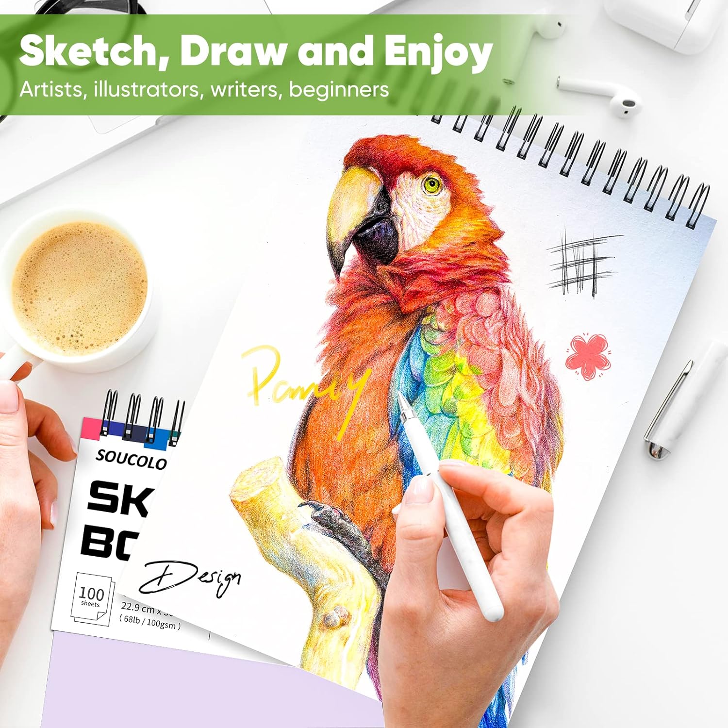 Soucolor 9" x 12" Aesthetic Sketch Book, 1-Pack 100 Sheets School Supplies Cute Sketchbook for Women, Japanese Stationary Sketching Supplies for Kids Teen Girl Gifts Birthday Gifts, Pastel Purple - Image 7