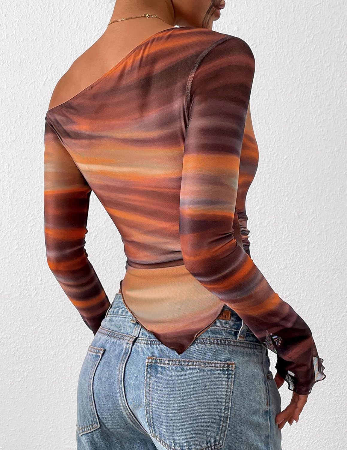PRETTYGARDEN Womens Fall Trendy Off Shoulder Y2k Tops 2026 Tie Dye Mesh Long Sleeve Shirts Asymmetrical Ruched Floral Blouse - Image 5