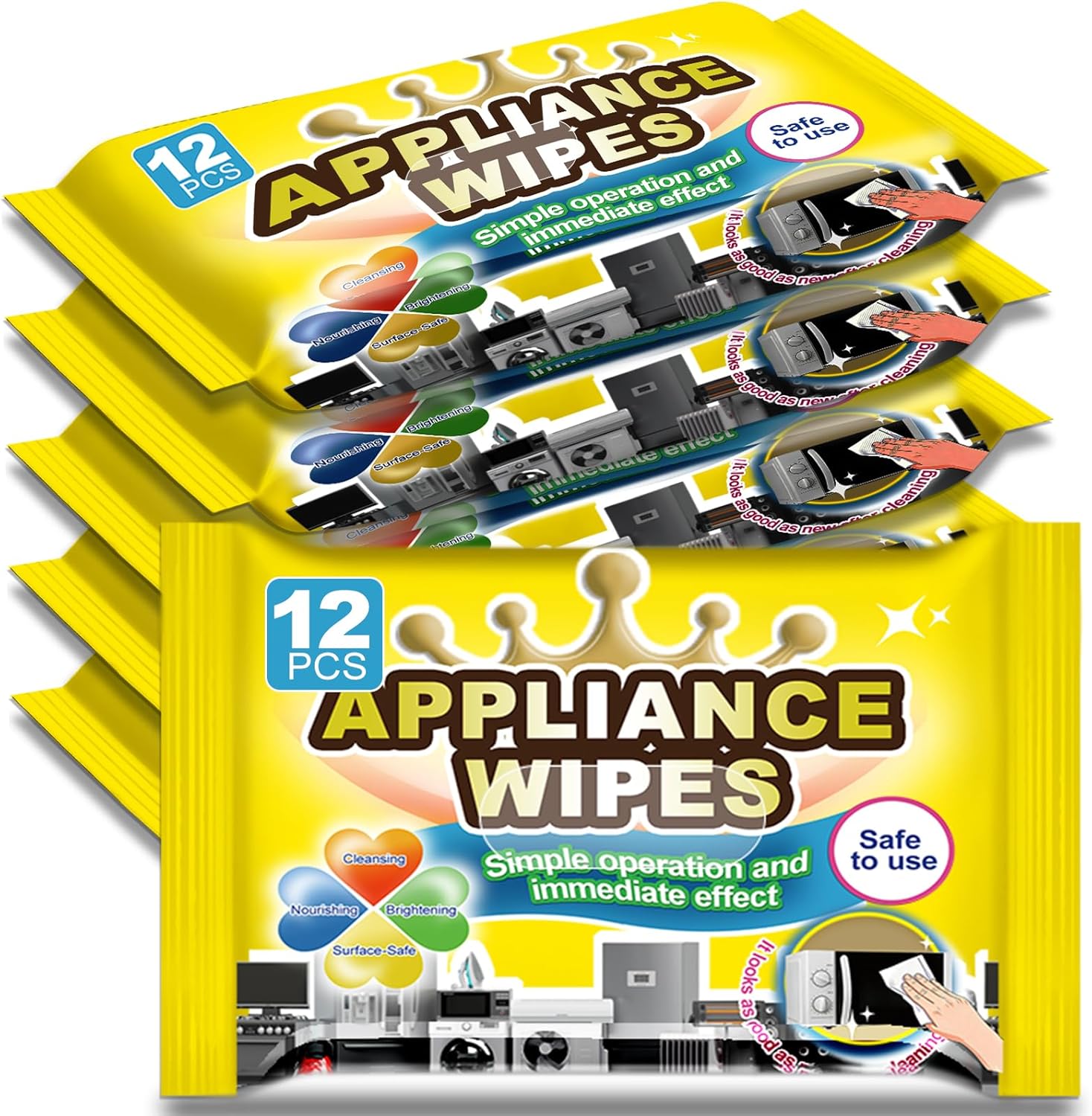 72Pcs Appliance Wipes for Cleaning Washing Machine, Dryer Stainless Steel Refrigerator, Glass Cooktop, Microwave, Dishwasher, Counter, Tile