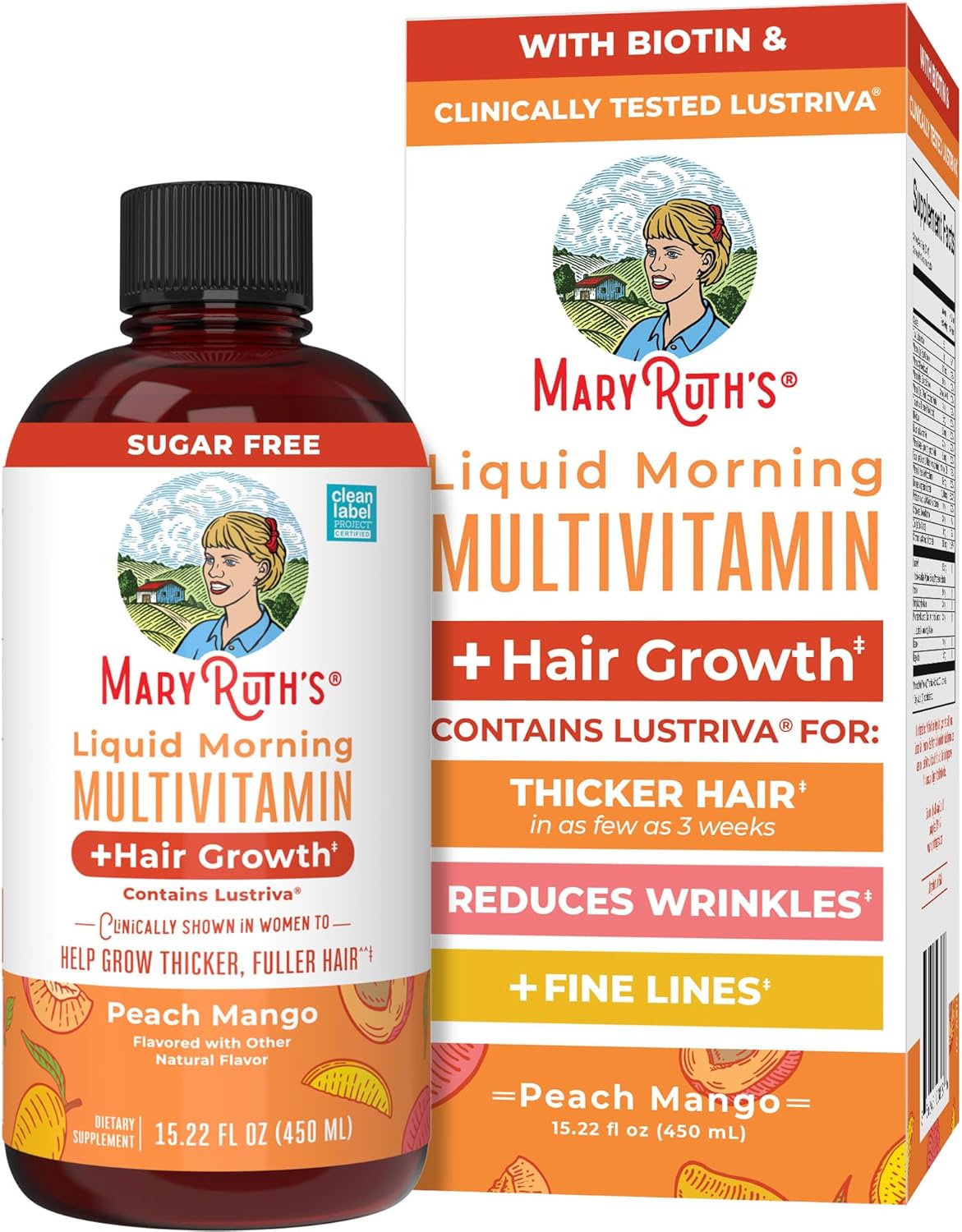 MARYRUTH'S Liquid Multivitamin+Hair Growth | Biotin 10000mcg | Lustriva Hair Growth Supplement | Clinically Tested in Women for Thicker Hair&Facial Wrinkle | Skin Care | Ages 18+ | 15.22 Fl Oz