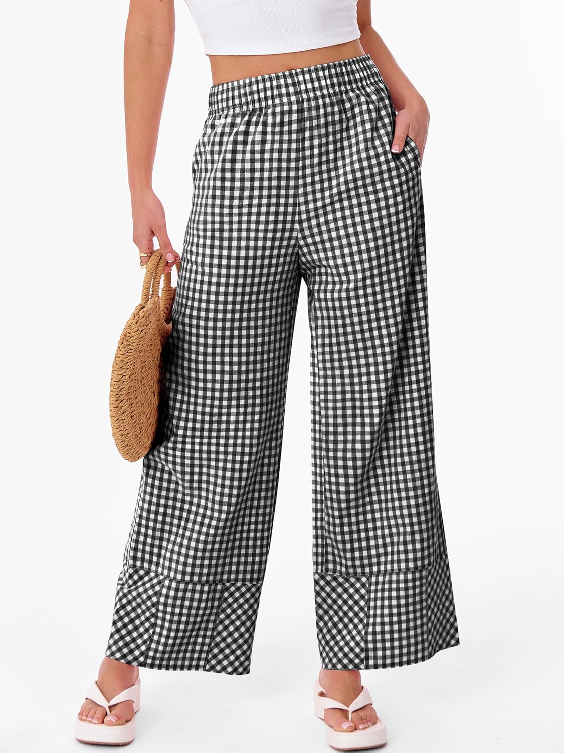 ANRABESS Womens Gingham Pants Checkered Plaid Striped Boxer Wide Leg Palazzo Pants Lounge PJ Bottoms Trousers with Pockets - Image 2