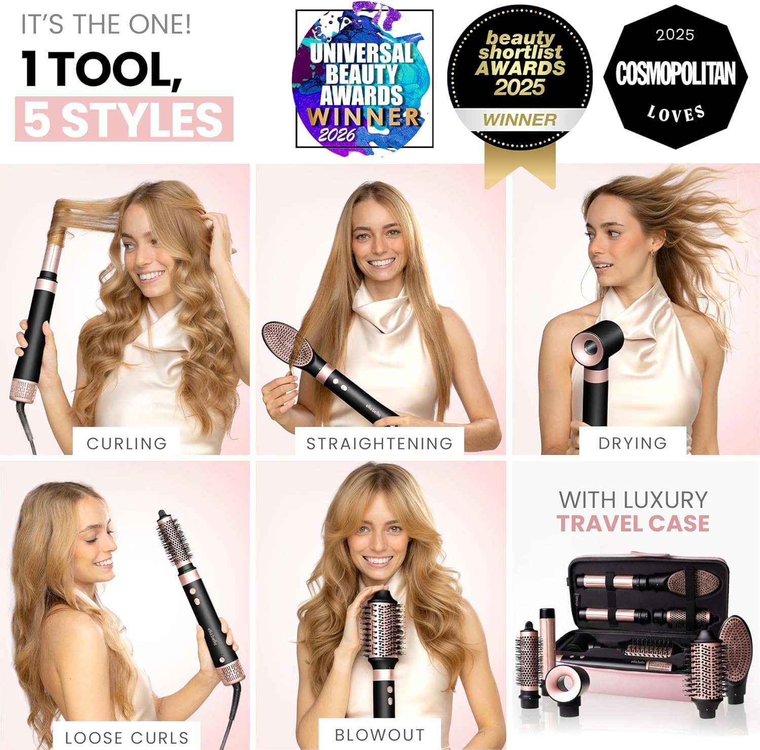 ELLA BELLA® 6 in 1 Professional Hot Air Styler • Powerful Hair Dryer & Straightener Set • Styling Without Heat Damage • Fast Drying Curling Volumizing Straightening • Includes Protective Travel Case - Image 2