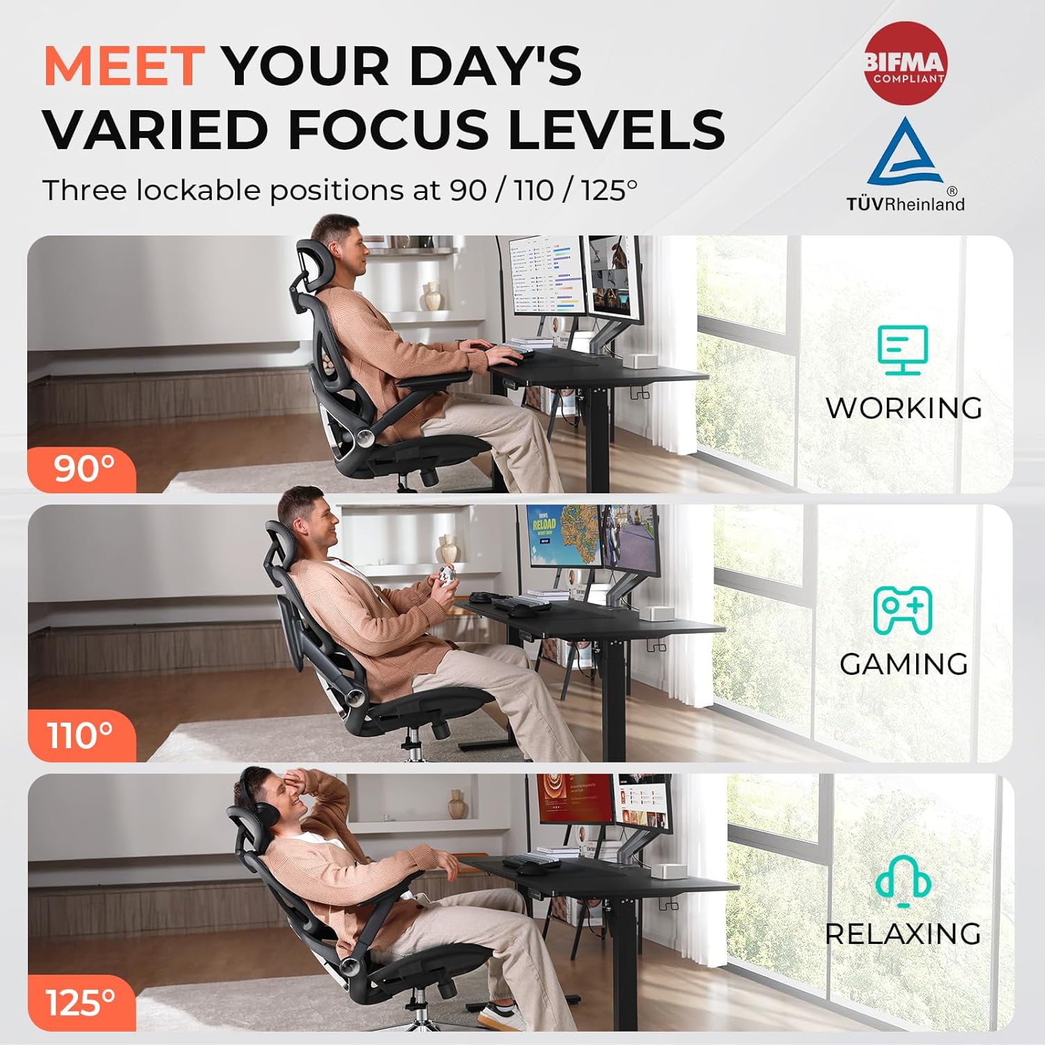 CAPOT Ergonomic Mesh Office Chair, Adjustable Lumbar High Back Desk Chair 400lbs, 4D Flip-up Arms, 3-Level Tilt Backrest, 3D Headrest, PU Wheels, Swivel Rolling Computer Seating for Long Desk Work - Image 4