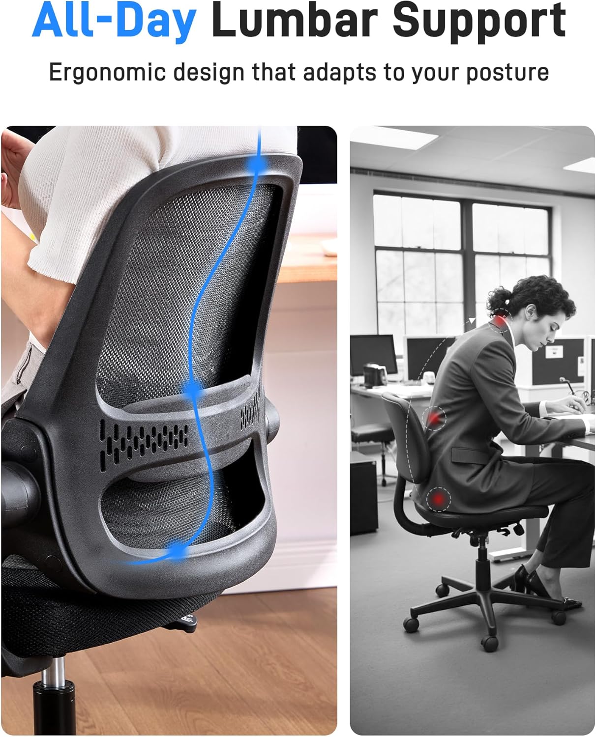 Ergonomic Mesh Office Chair for Home Office, Flip-Up Arms, Breathable Mesh Back & Thick Seat Cushion, Swivel Rolling Computer Desk Chair, BIFMA Certified, Supports 300 lbs (Black Frame/Black Seat) - Image 6