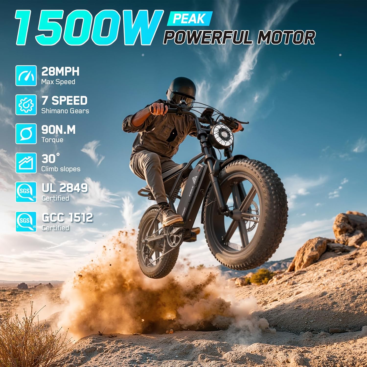 TST Electric Bike for Adults 1500W Peak 20" Fat Tire All-Terrain E-Bike 60/110 Miles 28 MPH Electric Dirt Bike - 48V 15/25 AH Battery Tested to UL 2849 Powered Electric Bicycle - Image 2