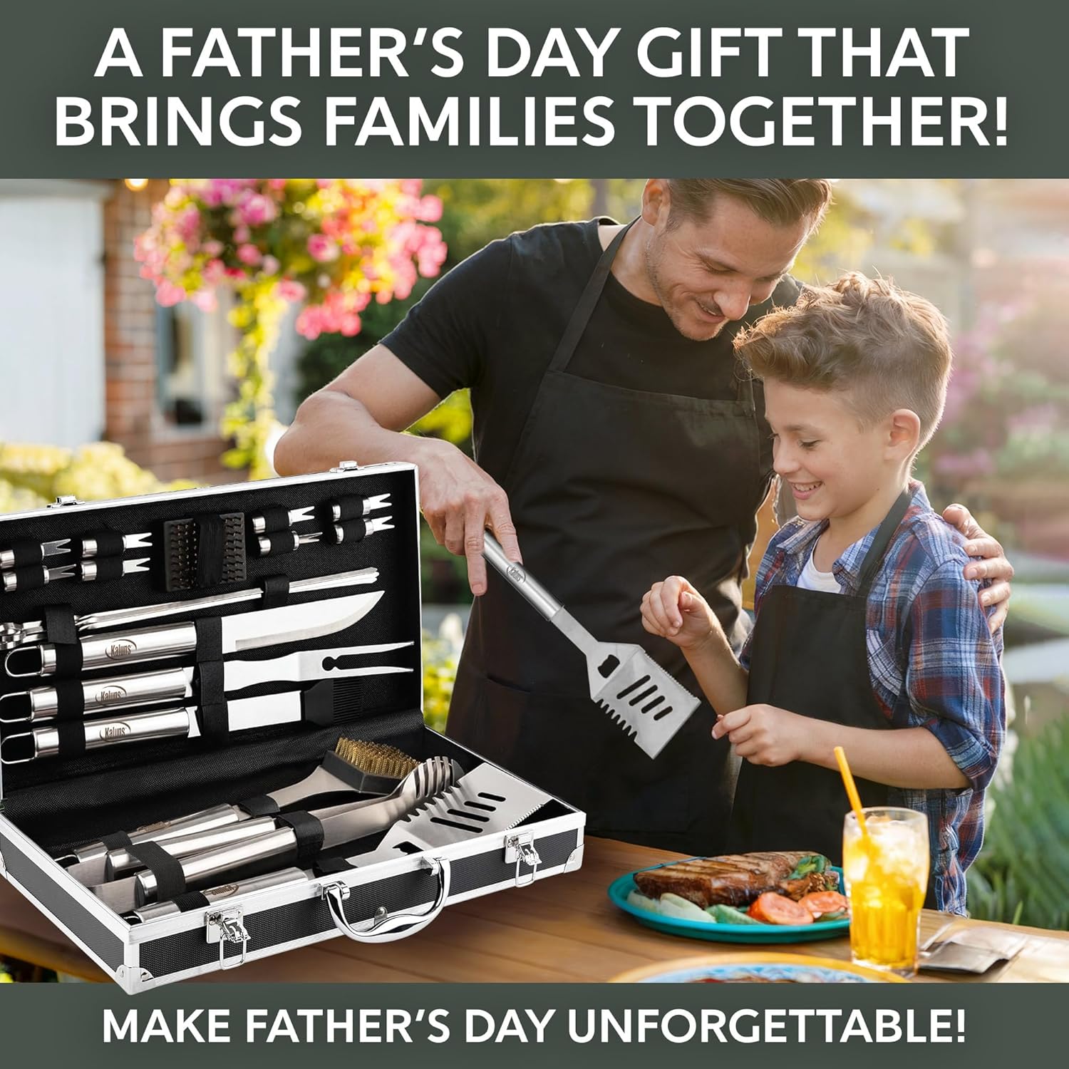 Kaluns Grilling Accessories, Dad Gifts for Fathers Day, Mothers Day Grilling Gifts, Heavy Duty Stainless Steel BBQ Tool Set for Outdoor Grill with Aluminum Case and Apron, Birthday Gifts for Men - Image 3
