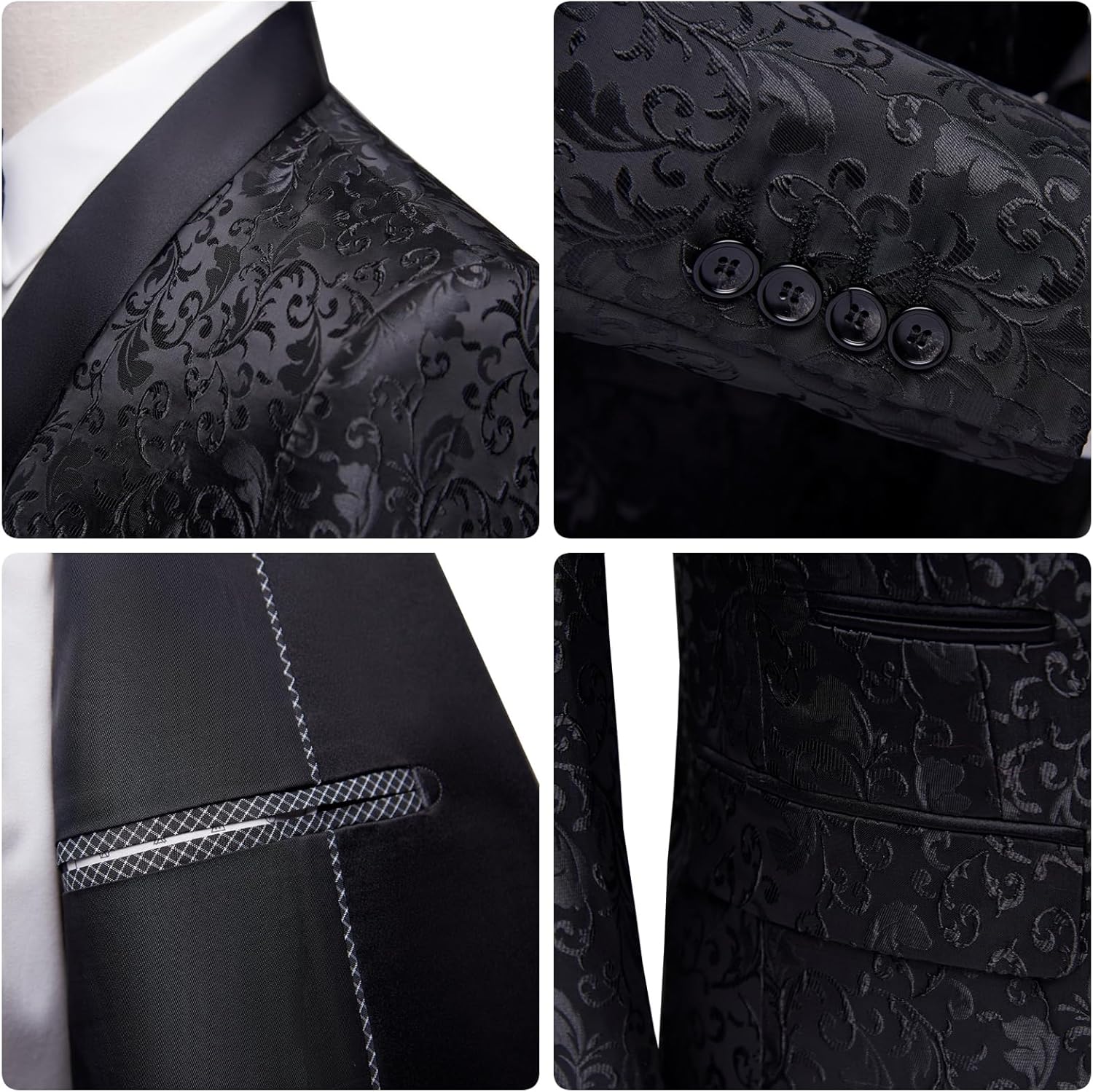 Mens Tuxedo Black Floral 2 Piece for Prom Wedding Party Suit Jacket Pants Slim Fit Shawl Lapel - Image 2