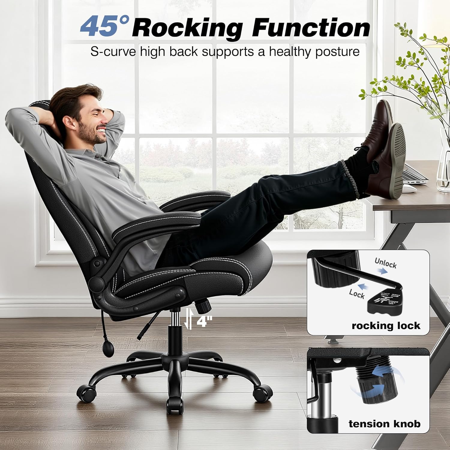 BESTFAIR Ergonomic Office Chair - Desk Computer Chair, Leather High Back Executive Chairs with Adjustable Lumbar Support & Flip Up Arms, Rocking, Black - Image 7