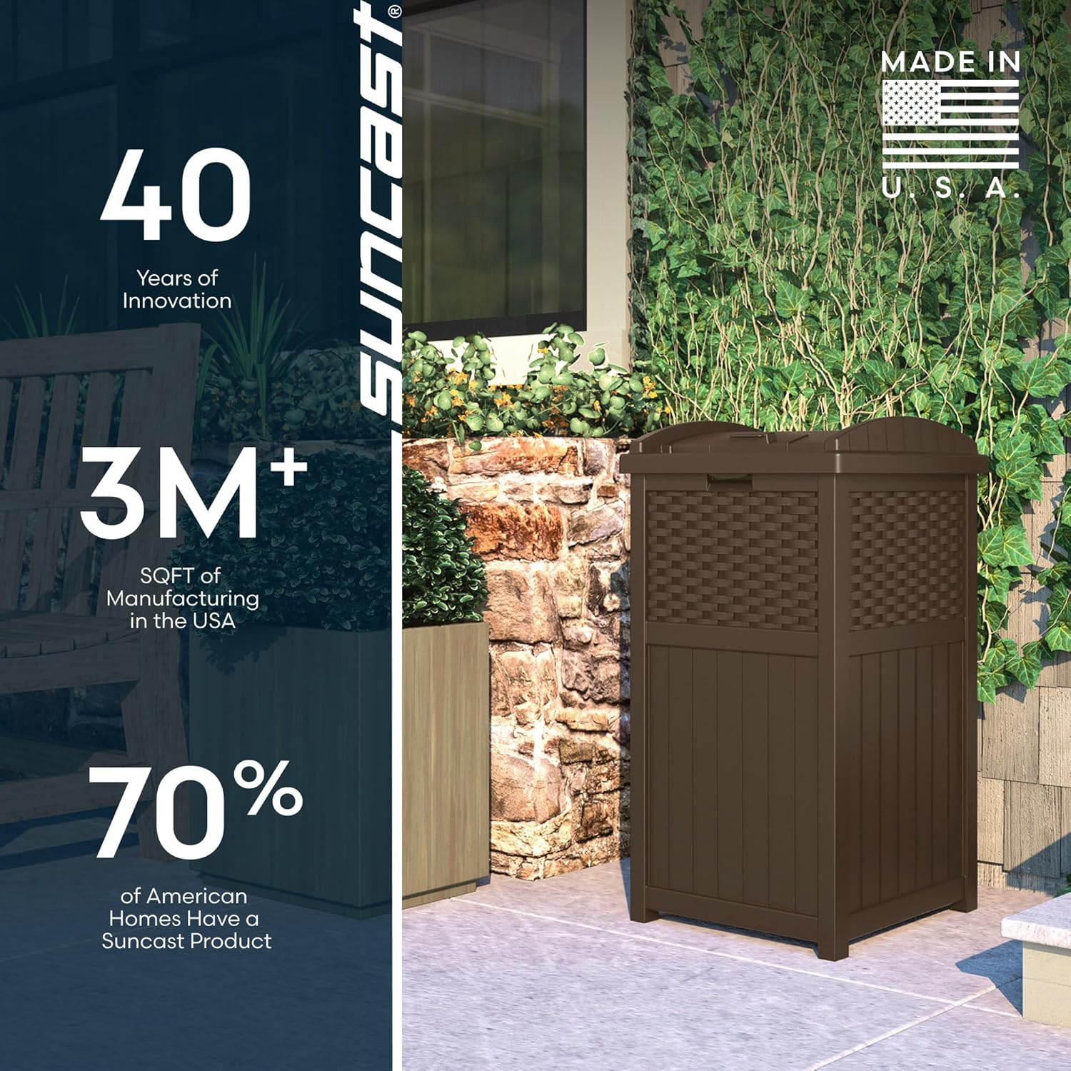 Suncast 33 Gallon Commercial Outdoor Trashcan Hideaway with Lid for 30 to 33 Gallon Trash Bags for Garage, Backyard, or Garden, Brown - Image 9
