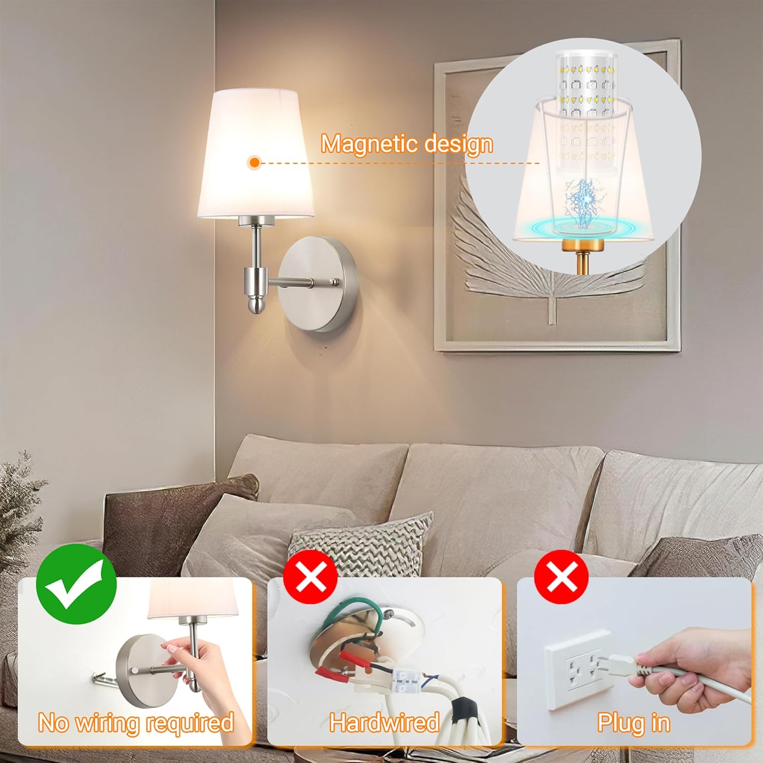Battery Operated Wall Sconces Set Of 2, Wireless Battery Wall Light With 10000mAh RGB Rechargeable Magnetic Bulb, Rechargeable Wall Sconce With Remote Control For Bedroom, No Electrician Required - Image 5