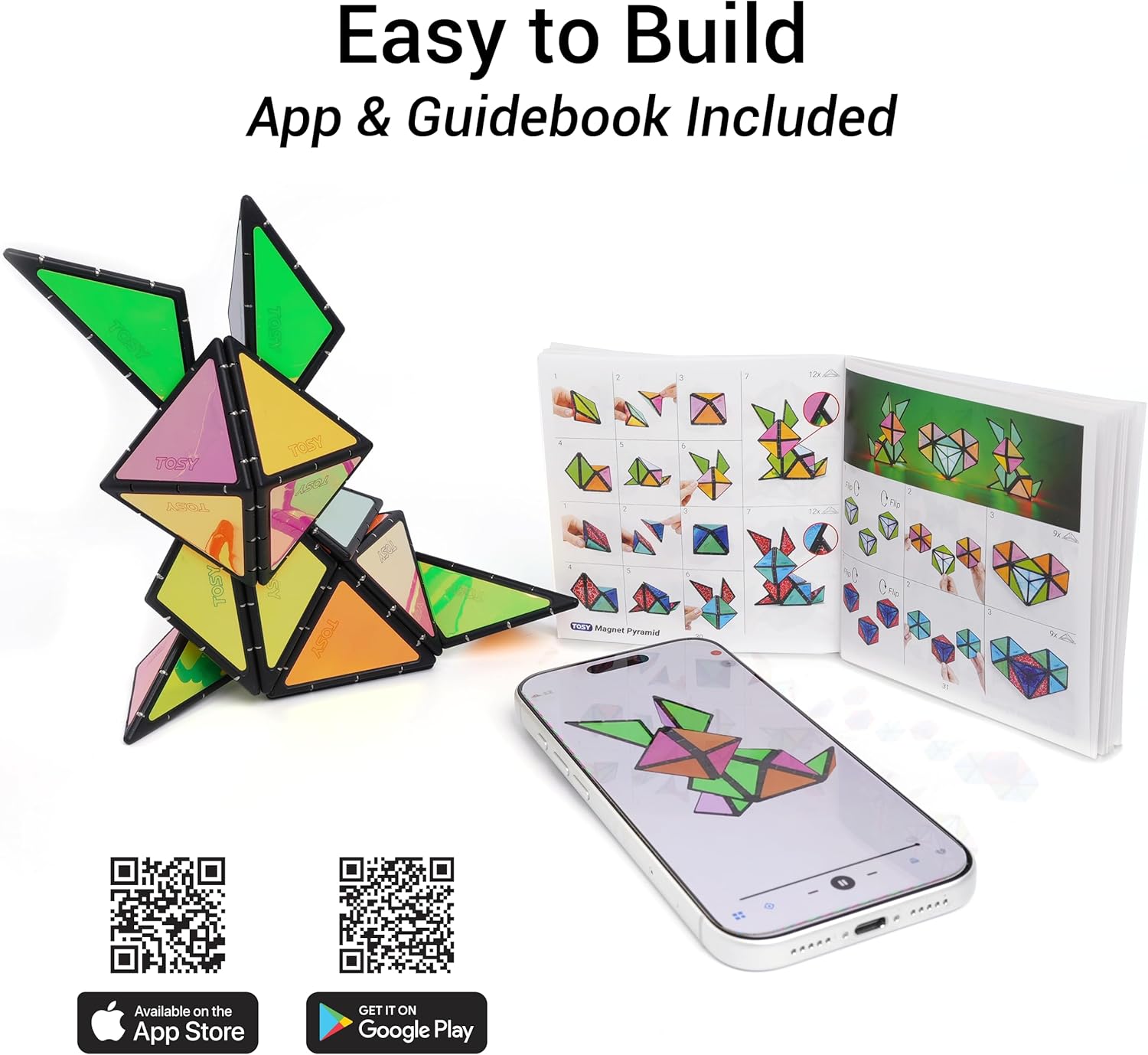 TOSY Magnet Pyramid Stone - 1 Cube Transforms into 1 Billion Shapes (Bunny, Egg Basket, Flowers, Heart), Easter Birthday Gift, 12 pcs, 243 Magnets, Holographic Design, Puzzle/STEM Toy - Image 10