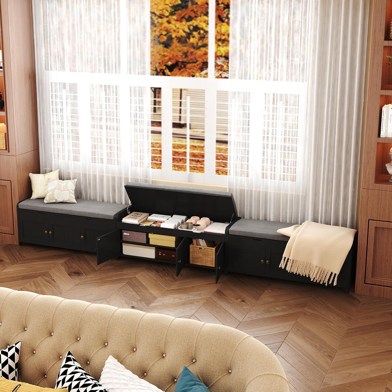 HOMEFORT 41.3" Shoe Bench with Lift Top Storage, Entryway Bench with Cushioned Seat, Wooden End of Bed Bench, Shoe Cabinet Bench with Hidden Storage Space, for Bedroom, Hallway,Black - Image 6