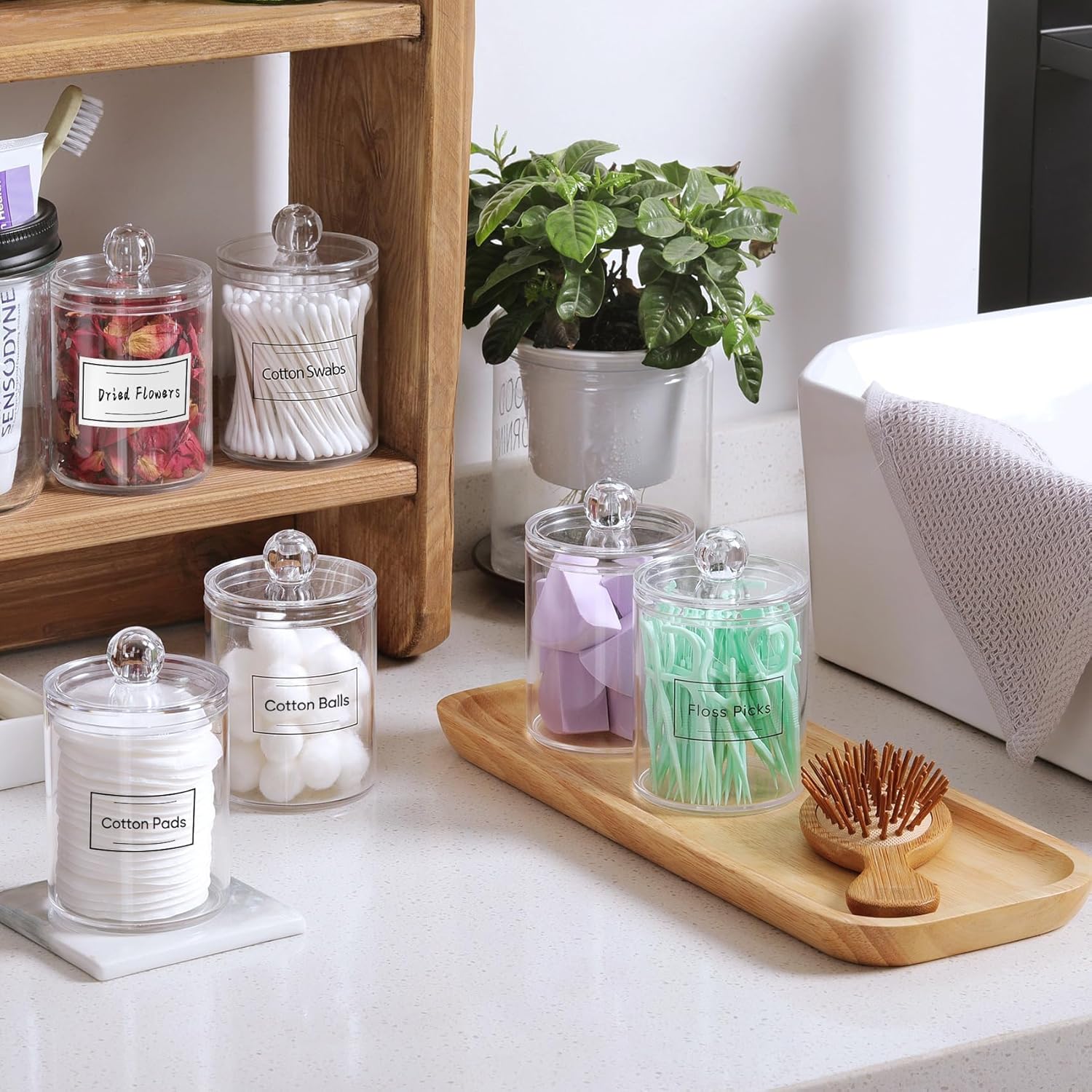 4 Pack Acrylic Qtip Holder Dispenser for Cotton Swabs, Balls, Pads, Floss Picks- Small Clear Acrylic Canister Apothecary Jar Set, Bathroom Essentials Accessories Decor, Vanity Makeup Storage Organizer - Image 4