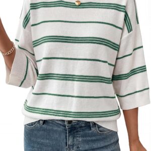 Dokotoo Womens Sweaters Spring Summer Oversized 3/4 Sleeve Striped Crewneck Casual Lightweight Knit Pullover Sweater Tops