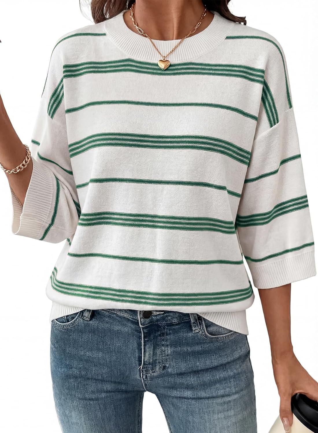 Dokotoo Womens Sweaters Spring Summer Oversized 3/4 Sleeve Striped Crewneck Casual Lightweight Knit Pullover Sweater Tops