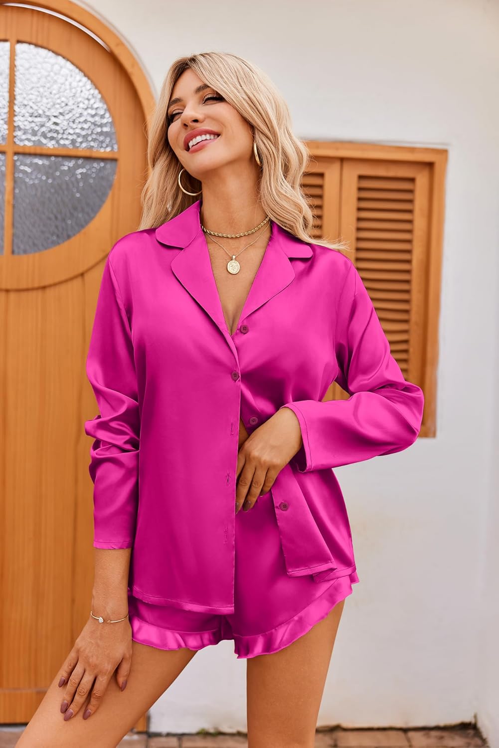 Ekouaer Womens Satin Pajama Sets Long Sleeve Top and Shorts Lounge Set Button Down Sleepwear - Image 2