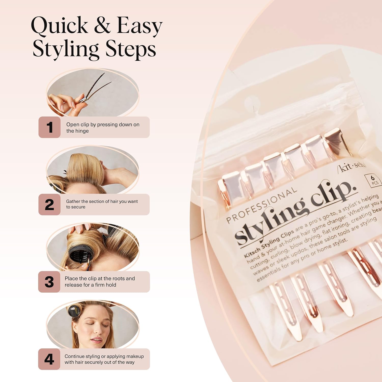 Kitsch Professional Alligator Clips for Hair Styling – 3.5" Aluminum Hair Sectioning Clips for Salon & Makeup Application | Ideal Gifts for Women – Rose Gold, 6 Pcs - Image 7
