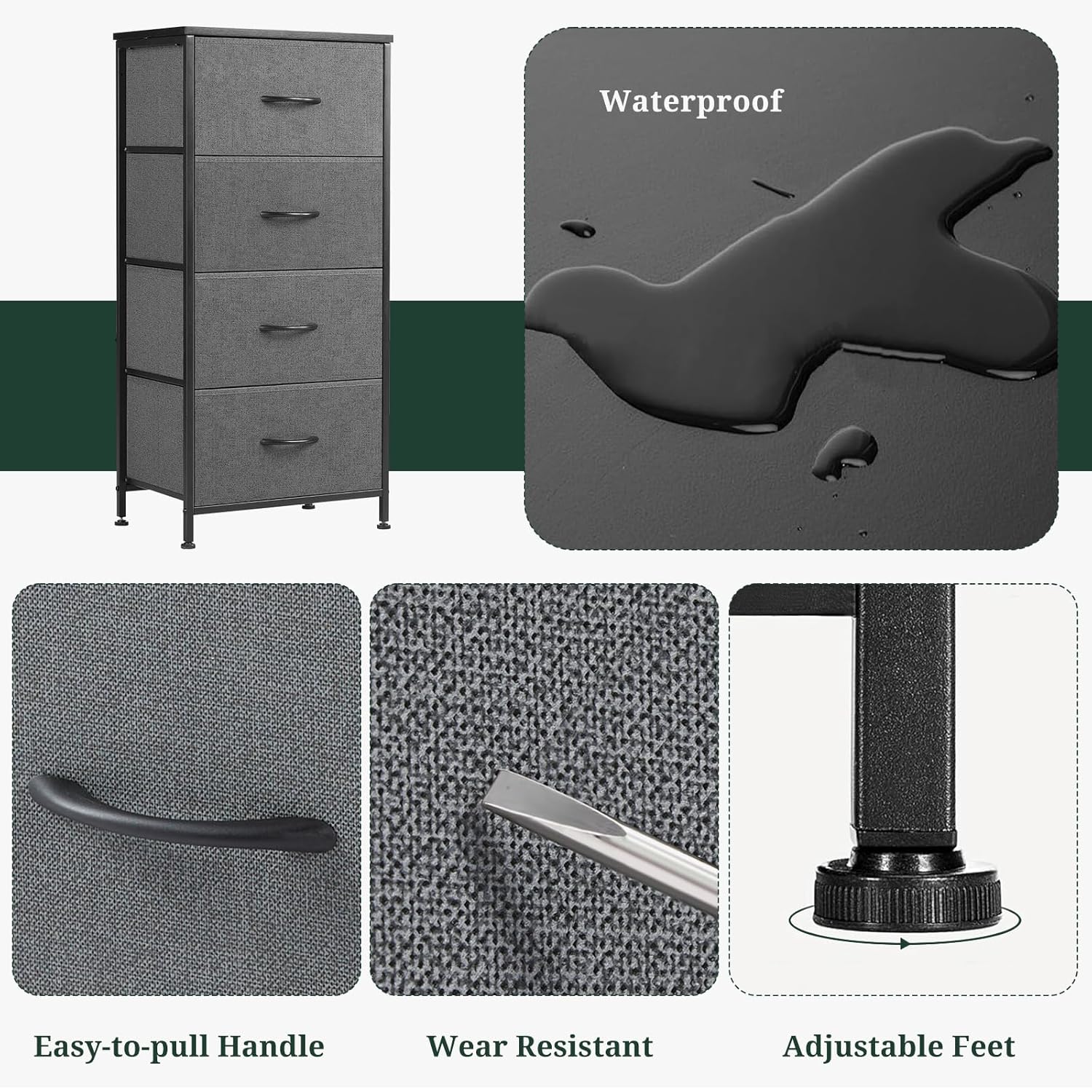 Nightstand, 4 Drawer Dresser End Table Bedside Furniture with Wooden Top Steel Frame Fabric Bins for Bedroom, Closet, Entryway, Dorm, Living Room, Gray - Image 7