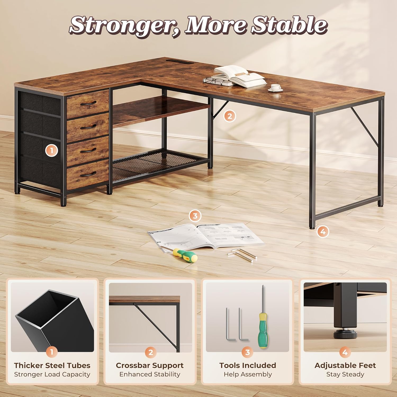 PRAISUN 61" L Shaped Desk with Power Outlets and USB-C Port, Reversible Computer Corner Office Desk with 4 Fabric Drawers and 2 Height-Adjustable Shelves, Large for Gaming Writing Study, Rustic Brown - Image 8