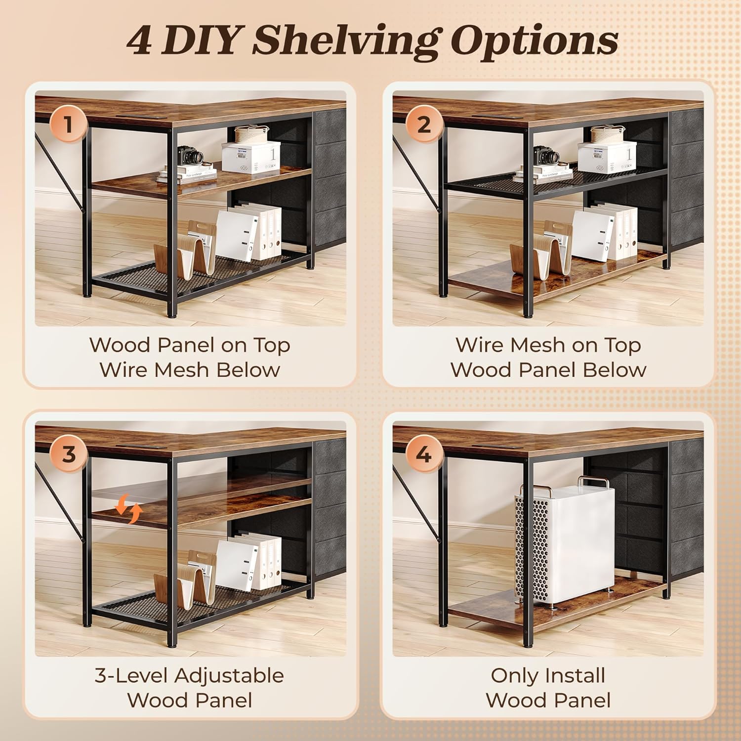PRAISUN 61" L Shaped Desk with Power Outlets and USB-C Port, Reversible Computer Corner Office Desk with 4 Fabric Drawers and 2 Height-Adjustable Shelves, Large for Gaming Writing Study, Rustic Brown - Image 5