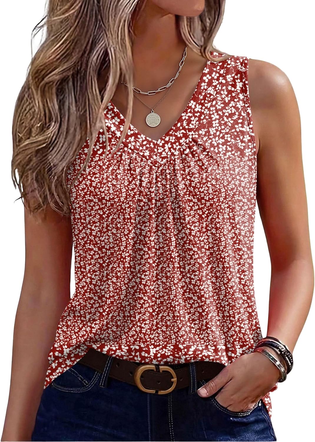 Zeagoo Womens Tank Tops Summer Sleeveless Loose Fit Tops V Neck Pleated Shirts Basic Tees Dressy Casual Trendy Clothes