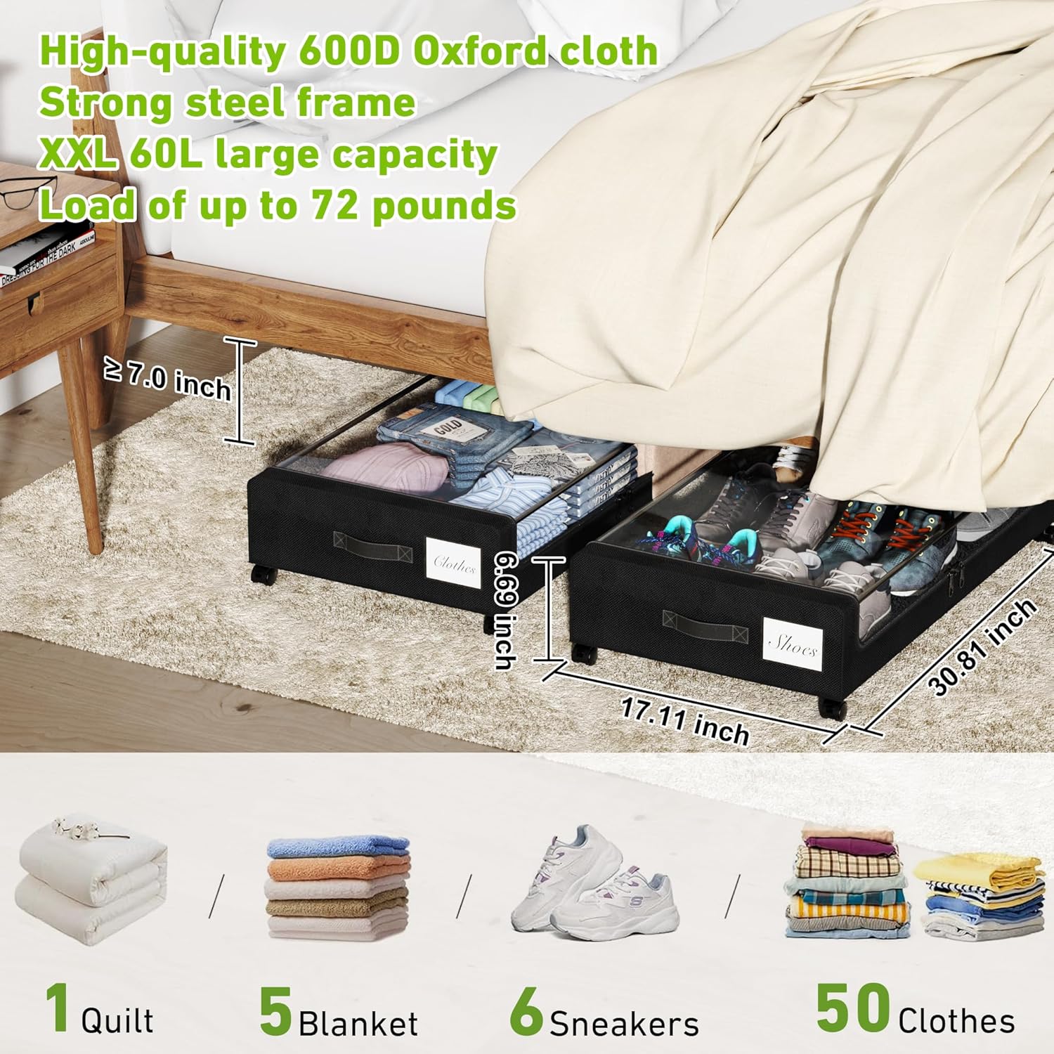 YAASHEEN Under Bed Storage with Wheels, 2-Pack Under the Bed Storage Containers with Clear Lids & Label, Underbed Storage Bins, XXL 60L Rolling Metal Drawer for Clothes, Shoes, Toys, Books - Black - Image 3
