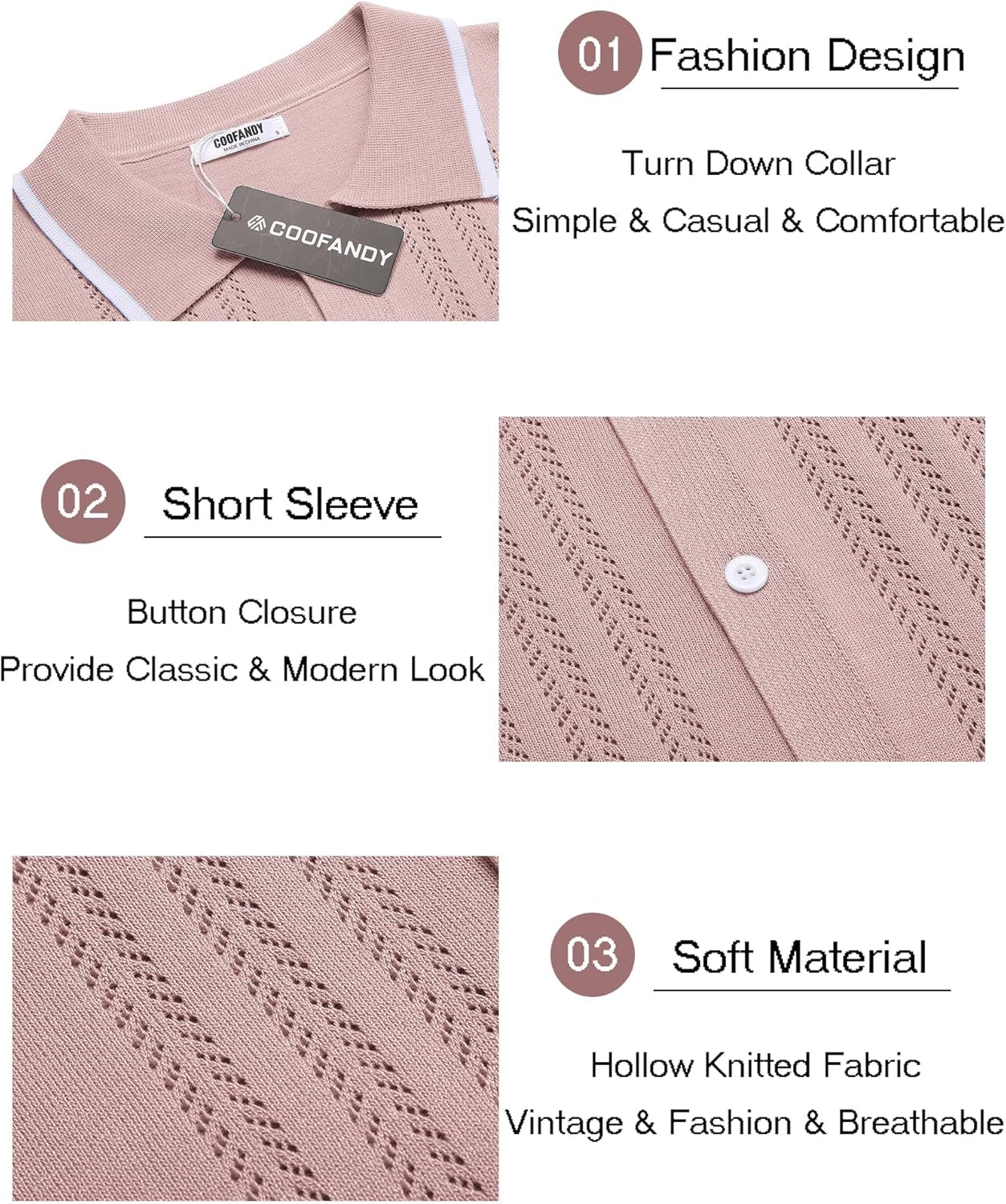 COOFANDY Men's Knit Button Down Shirt Vintage Short Sleeve Polo Shirts Casual Beach Tops - Image 5