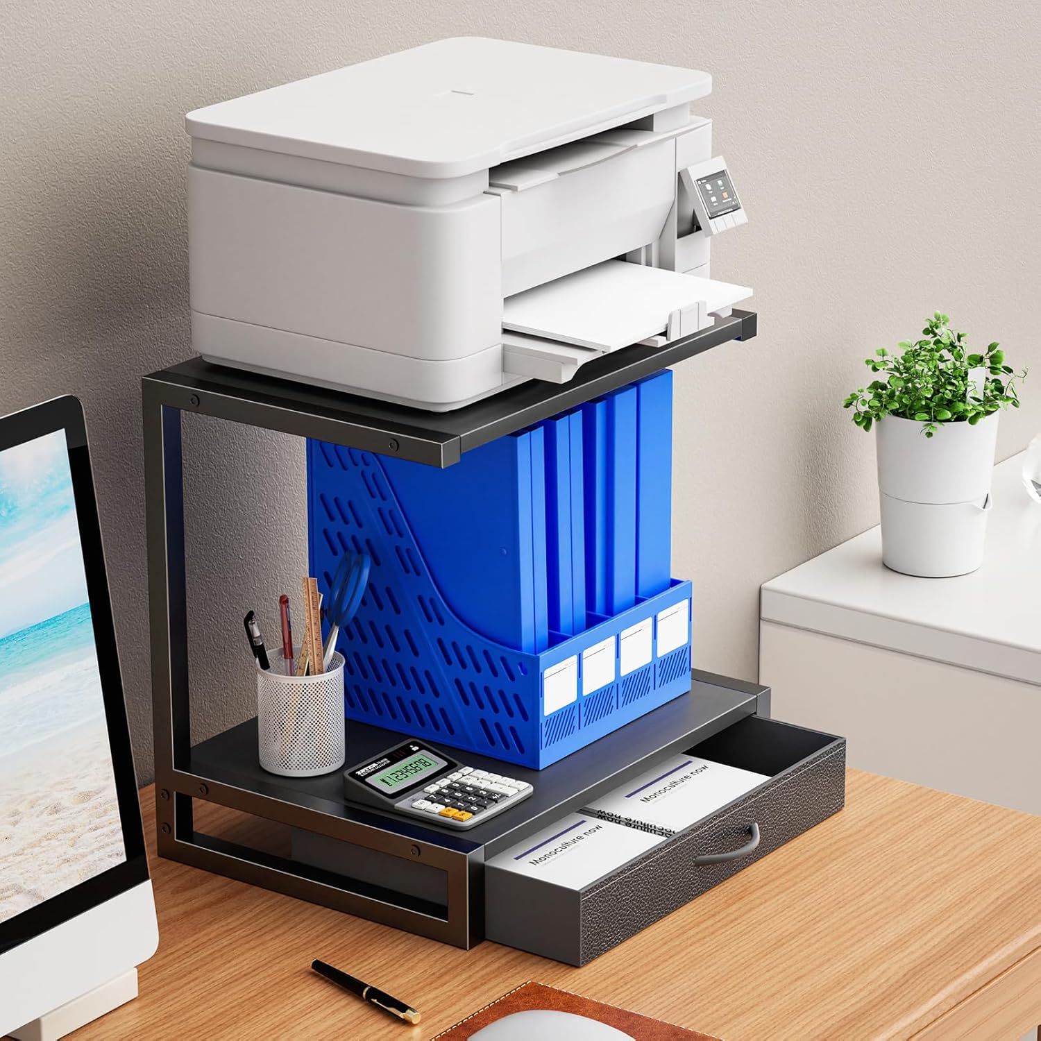 YAOHUOO 2-Tier Desktop Printer Stand with Fabric Drawer, Prtiner Table with Storage Shelf, Desk Organizer for Home Office,3D Printer,Fax Machine,Scanner, 17.3"x11.8" Black - Image 2