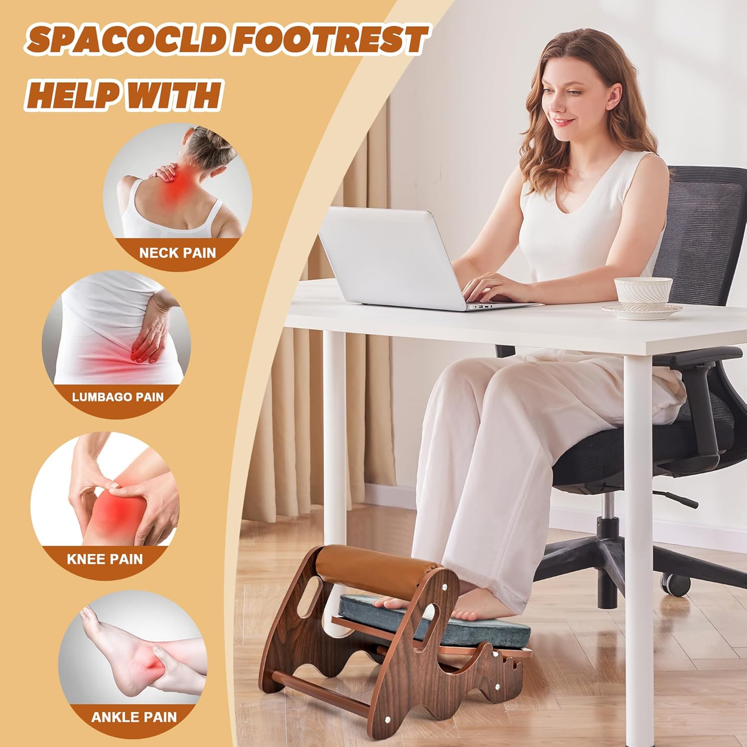 Spacocld Foot Rest for Under Desk at Work- Adjustable Rocking Foot Stool with 3 Height Position and Soft Crossbar, Ergonomic Wooden Footrest with Soft Sponge Pad for Home, Office - Image 2