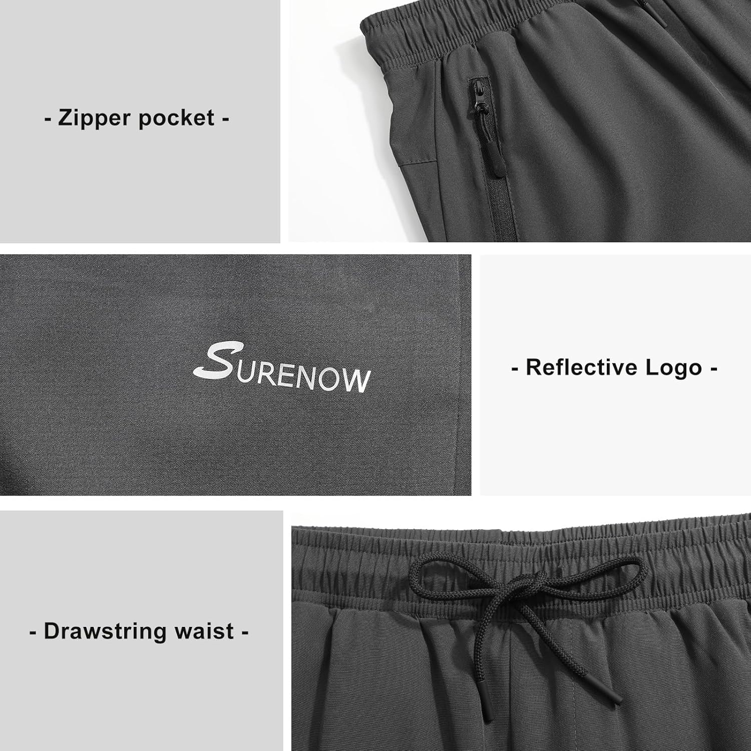 Surenow Men's Athletic Pants Elastic Waist Quick-Dry Lightweight Pants Workout Outdoor Sweatpants with Zipper Pockets - Image 3