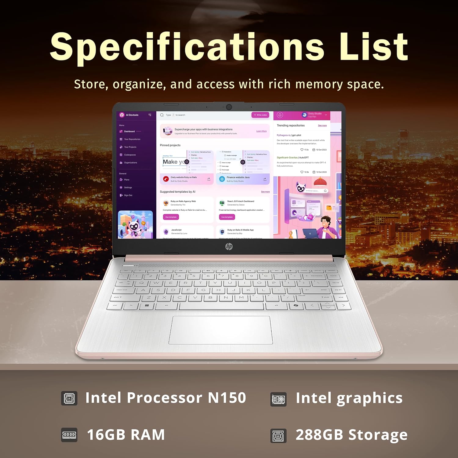HP Stream 14" HD BrightView Laptop, Intel Celeron N150, 16GB RAM, 288GB Storage (128GB UFS + 160GB Docking Station Set), Intel UHD Graphics, 720p Webcam, Wi-Fi, 1 Year Office 365, Win 11 S, Gold - Image 3