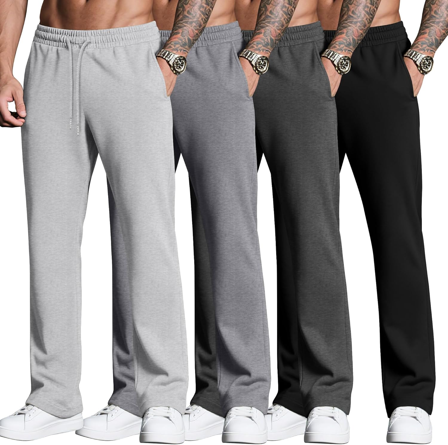 Neer 4 Pack Men's Sweatpants Joggers with Pockets Open Bottom Gym Athletic Pants Baggy Workout Casual Running Clothing
