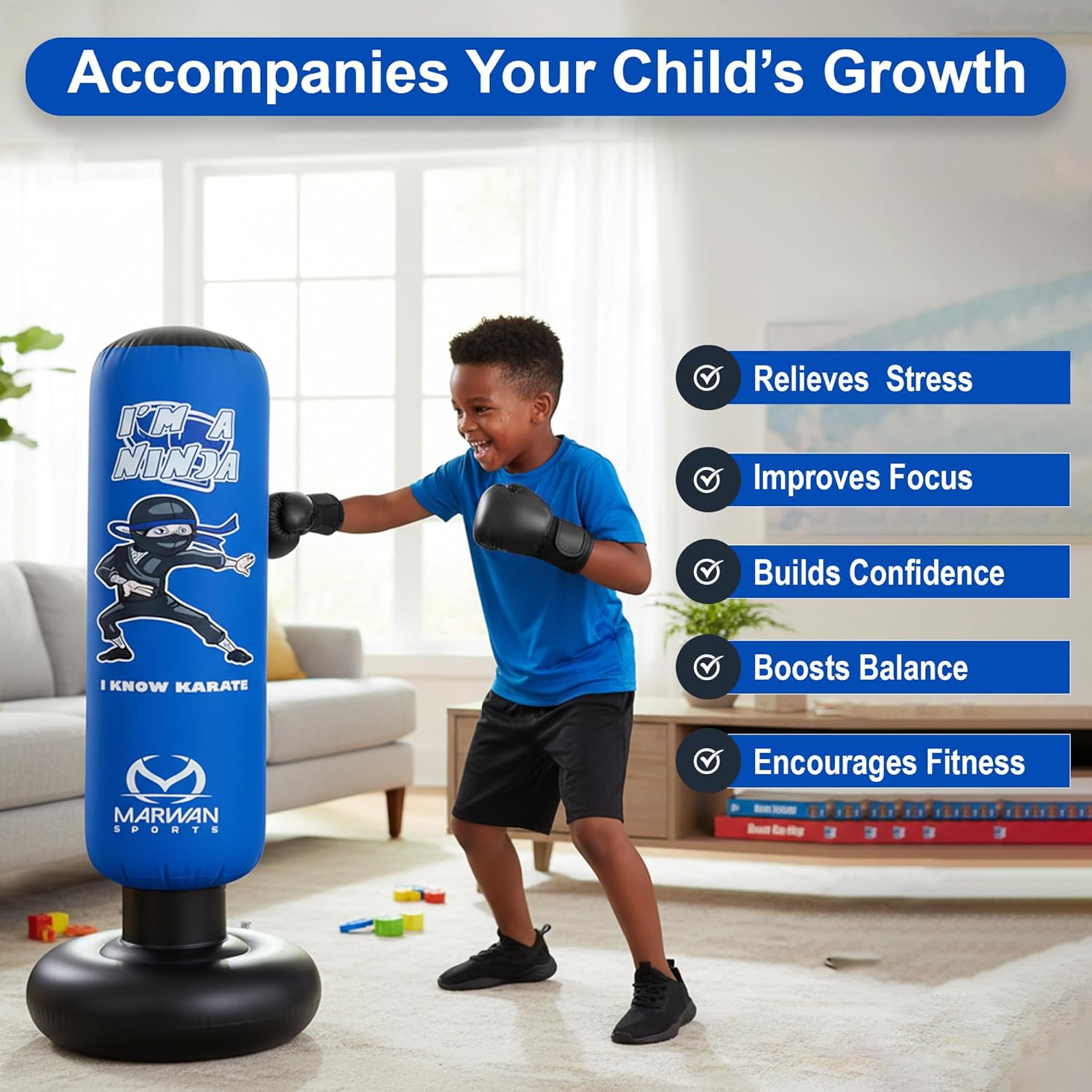 Marwan Sports 5-in-1 Kids Punching Bag Set with Gloves, Pump & Funnel – 63” Inflatable Boxing Bag for Kids 4-12, Durable PVC, Fast Rebound, Waterproof Base Cover with Handles, Gift for Boys & Girls - Image 3