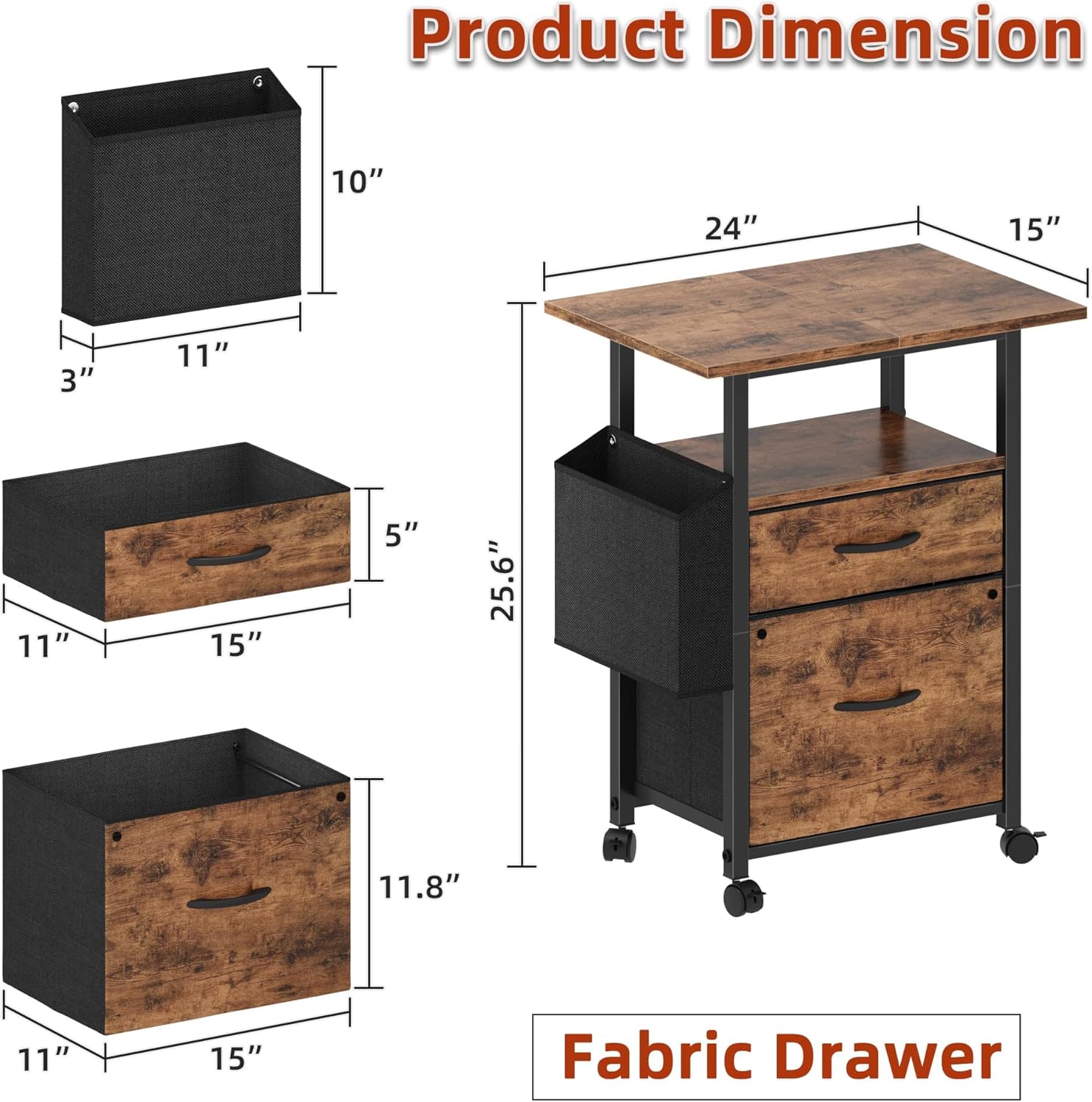 GYIIYUO 2 Drawer File Cabinet with 24'' Extended Desktop, Mobile Filing Cabinet, Rolling File Cabinet with Side Bag, Fabric Drawer, Fits A4/Letter Size, Printer Stand Home Office, Light Brown - Image 3