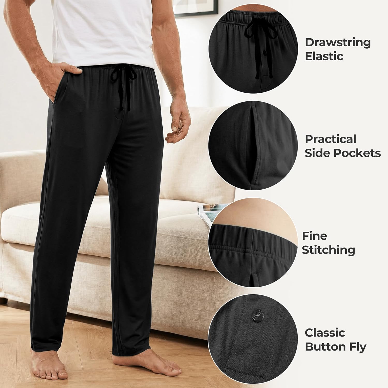 Mens Pajama Pants - Moisture Wicking Bamboo Viscose Cotton Soft Cooling Sleep Bottoms for Home & Lounge - Image 4