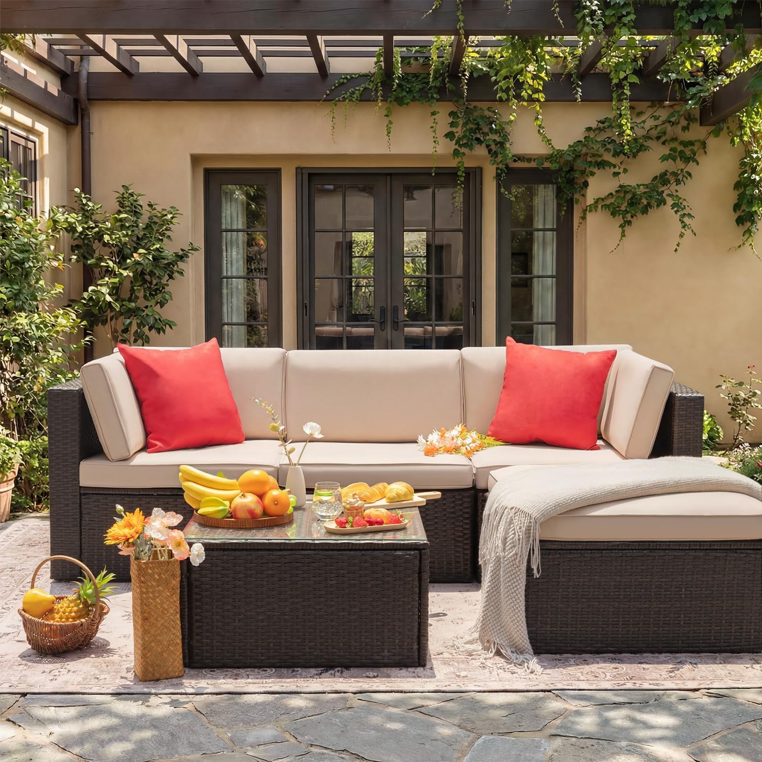 Devoko 5 Pieces Patio Furniture Sets All Weather Outdoor Sectional Patio Sofa Manual Weaving Wicker Rattan Patio Seating Sofas with Cushion and Glass Table (Beige) - Image 7