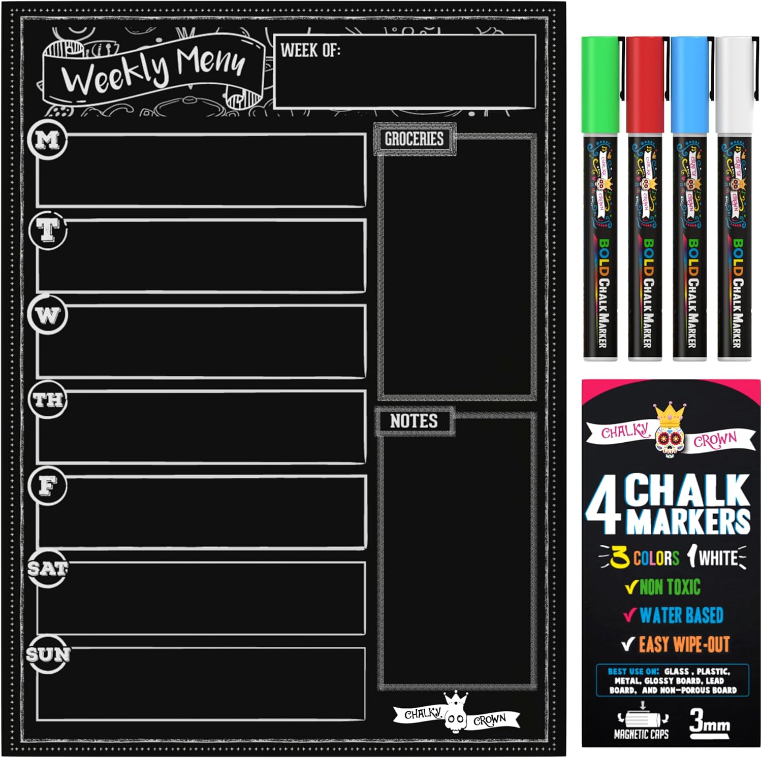 CHALKY CROWN Magnetic Dry Erase Menu Board for Fridge Includes 4 Liquid Chalk Markers - Weekly Meal Planner Blackboard, Grocery List & Notepad for Kitchen Refrigerator - Chalkboard Magnet 15.6" x11.6 - Image 8