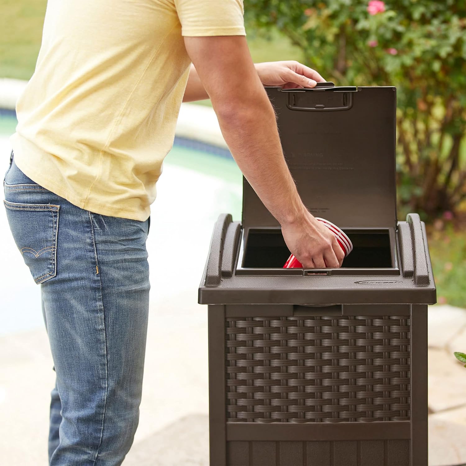 Suncast 33 Gallon Commercial Outdoor Trashcan Hideaway with Lid for 30 to 33 Gallon Trash Bags for Garage, Backyard, or Garden, Brown - Image 2