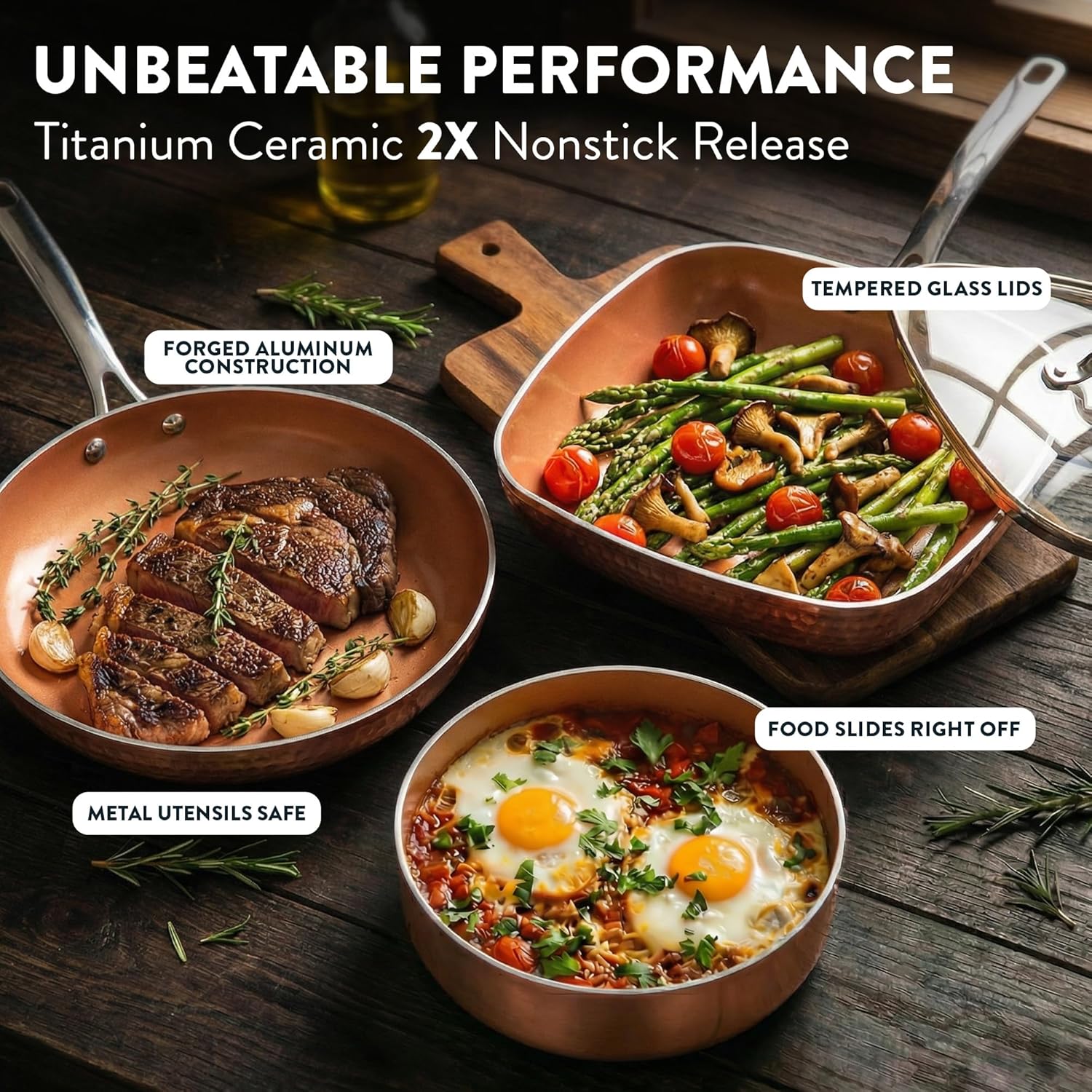 Gotham Steel Hammered 20 Pc Ceramic Cookware Set Nonstick, True Ceramic Pots and Pans Set Non Stick with Deep Square Pan Set & Bakeware Set, Non Toxic PFOA PFOS Free, Oven & Dishwasher Safe - Image 3