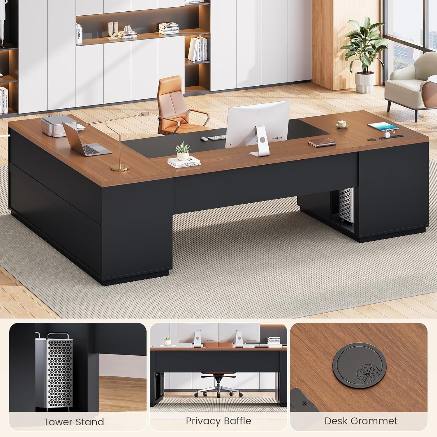 SEDETA 78.7" L Shaped Executive Desk with Charging Station, Large Home Office Computer Desk with File Drawers & Adjustable Storage Cabinet, CPU Stand, Modern L Desk for Business, Black + Brown - Image 7