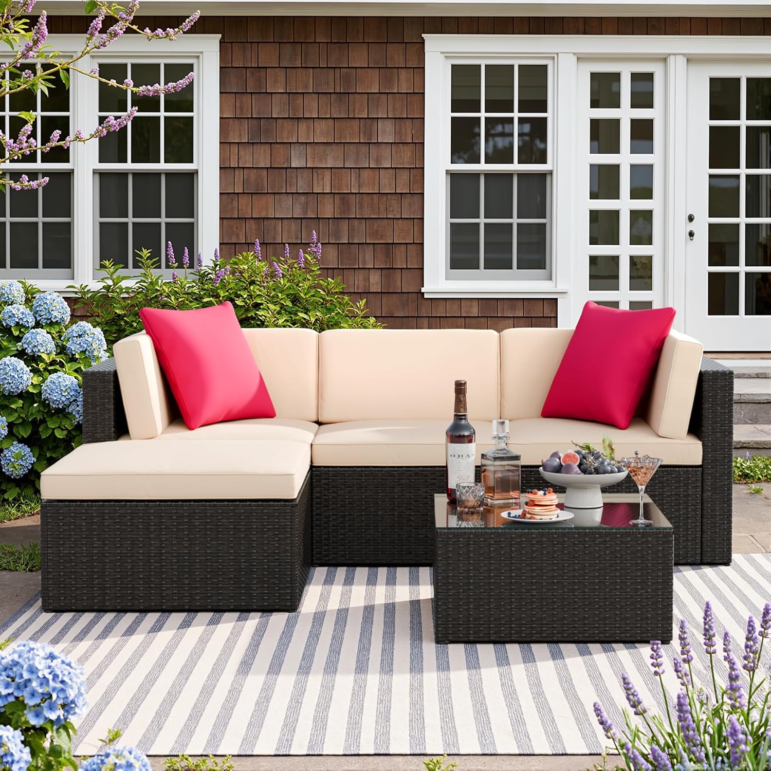 Devoko 5 Pieces Patio Furniture Sets All Weather Outdoor Sectional Patio Sofa Manual Weaving Wicker Rattan Patio Seating Sofas with Cushion and Glass Table (Beige) - Image 8
