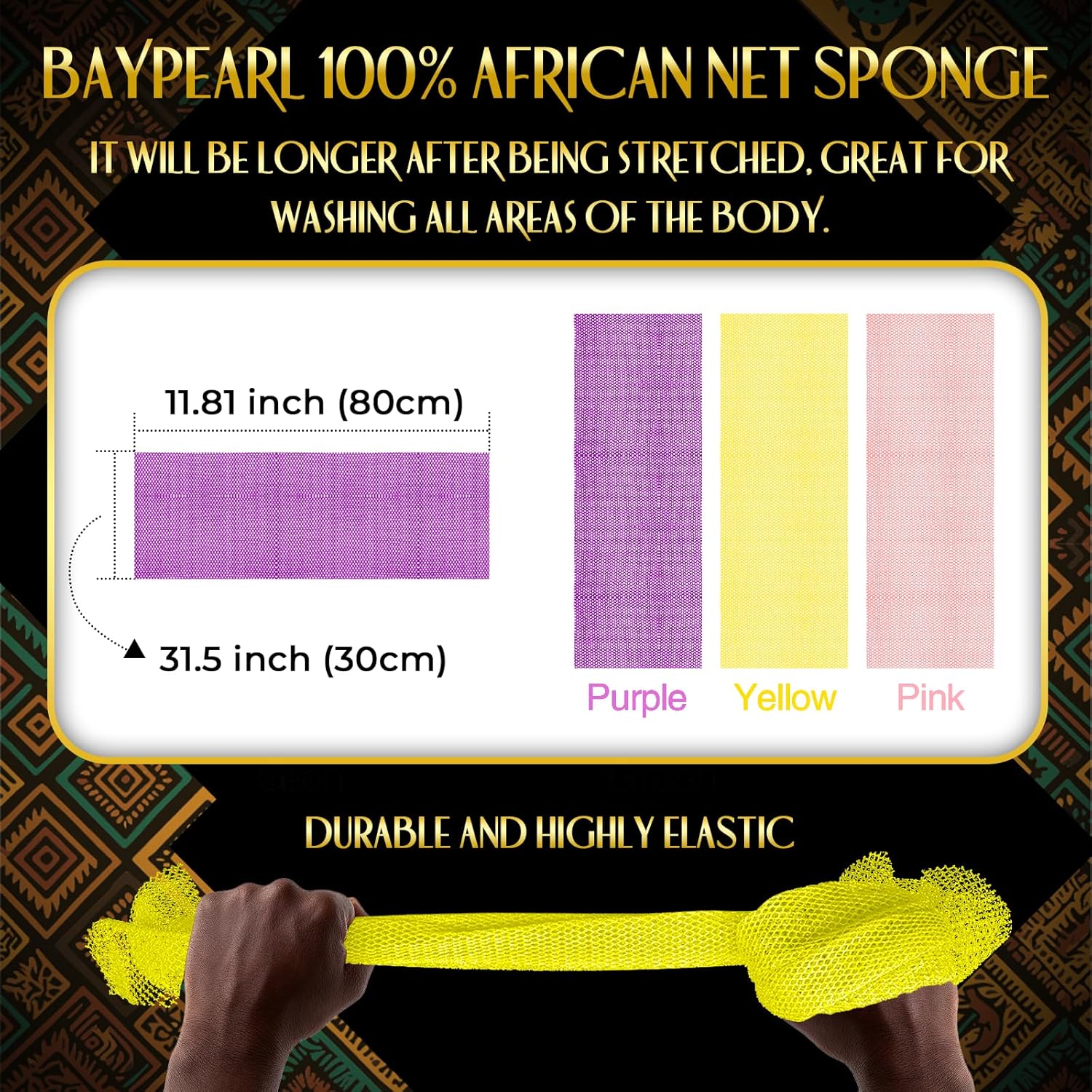 UJFQBH 3 Pieces African Bath Sponge African Net Long Net Bath Sponge Exfoliating Shower Body Scrubber Back Scrubber Skin Smoother,Great for Daily Use (Pink,Yellow,Purple) - Image 3