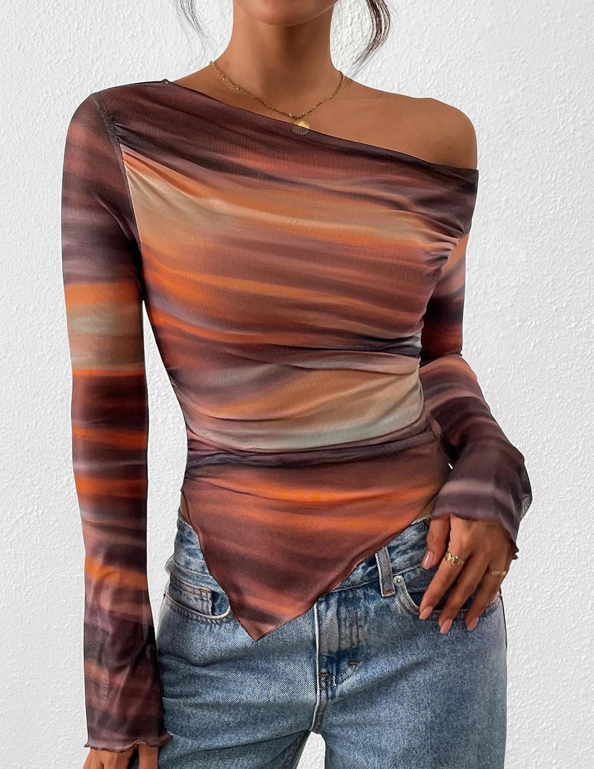 PRETTYGARDEN Womens Fall Trendy Off Shoulder Y2k Tops 2026 Tie Dye Mesh Long Sleeve Shirts Asymmetrical Ruched Floral Blouse - Image 6
