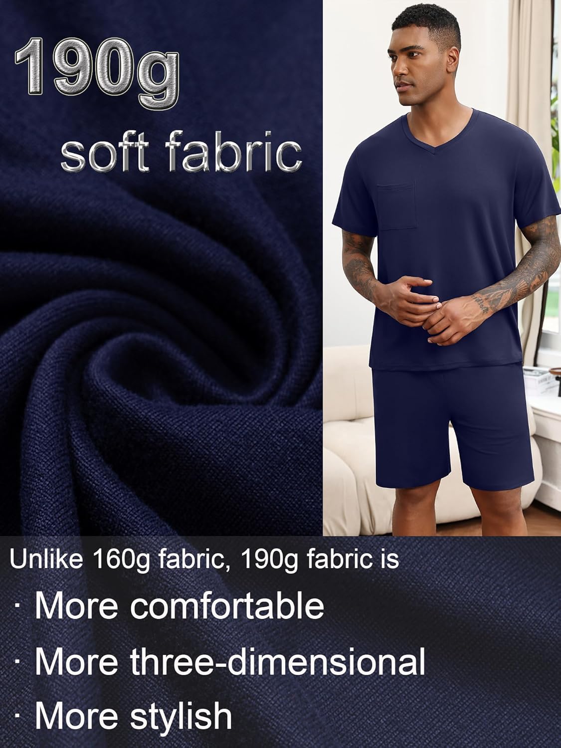 Ekouaer Mens Pajamas Set Soft Lounge Set V Neck Sleep Nightwear Short Sleeve Pjs with Pocket S-XXL - Image 4