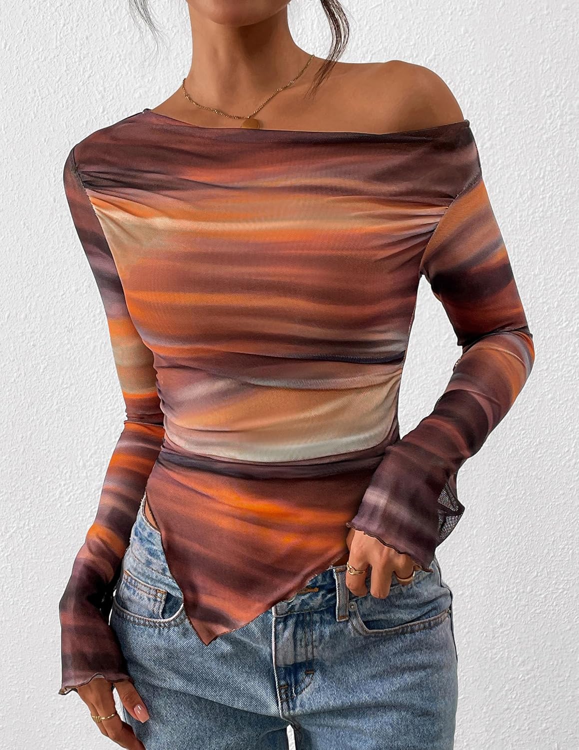 PRETTYGARDEN Womens Fall Trendy Off Shoulder Y2k Tops 2026 Tie Dye Mesh Long Sleeve Shirts Asymmetrical Ruched Floral Blouse - Image 8