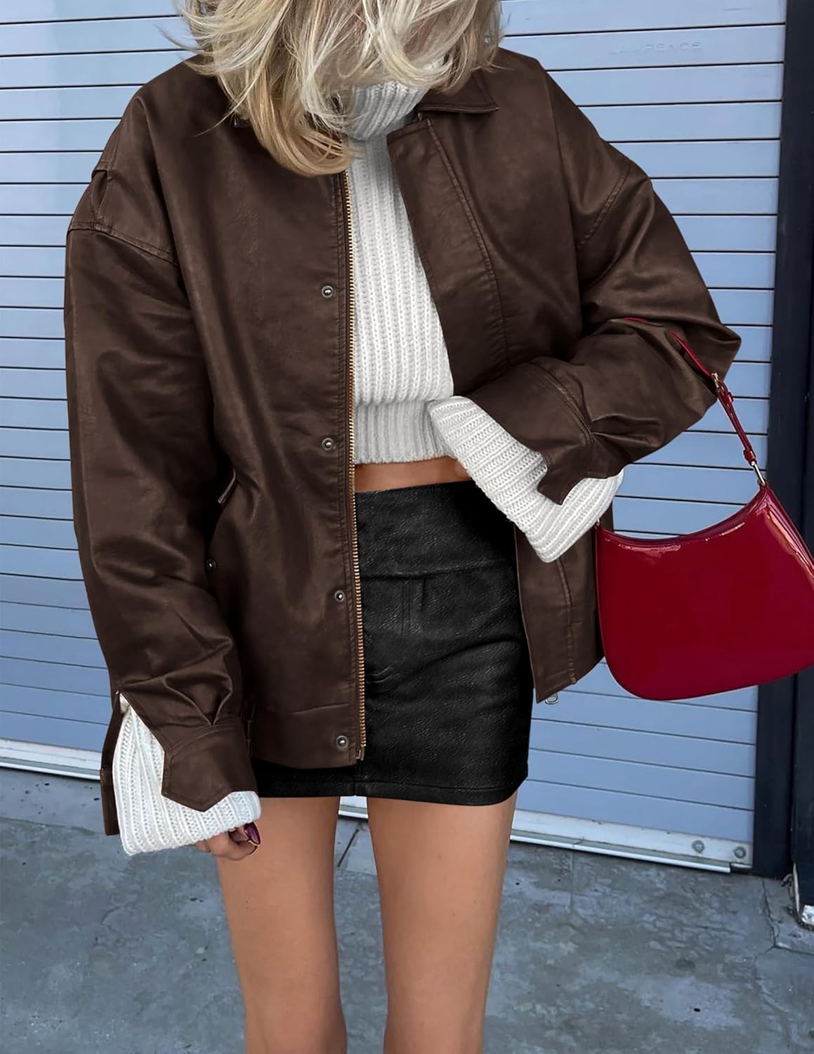 PRETTYGARDEN Women's Faux Leather Motorcycle Jacket Trendy Fall Spring Clothes Oversized Zip Up Winter Coat Outerwear - Image 4