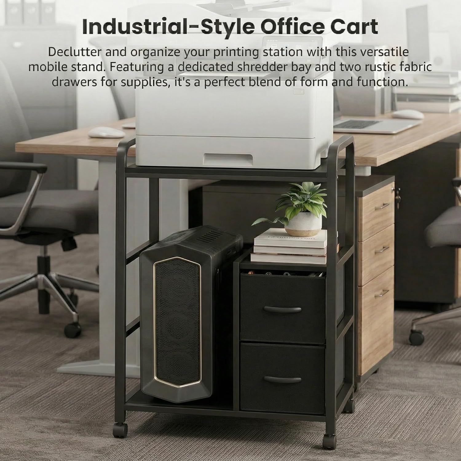 Printer Stand Featuring Fabric Drawers, Under Desk Host Computer Cabinet and Shredder Shelf, Heavy Duty Printer Stand with Storage Workstation Organization Printer Table for Home Office - Image 8