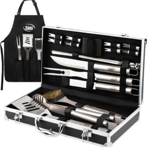 Kaluns Grilling Accessories, Dad Gifts for Fathers Day, Mothers Day Grilling Gifts, Heavy Duty Stainless Steel BBQ Tool Set for Outdoor Grill with Aluminum Case and Apron, Birthday Gifts for Men